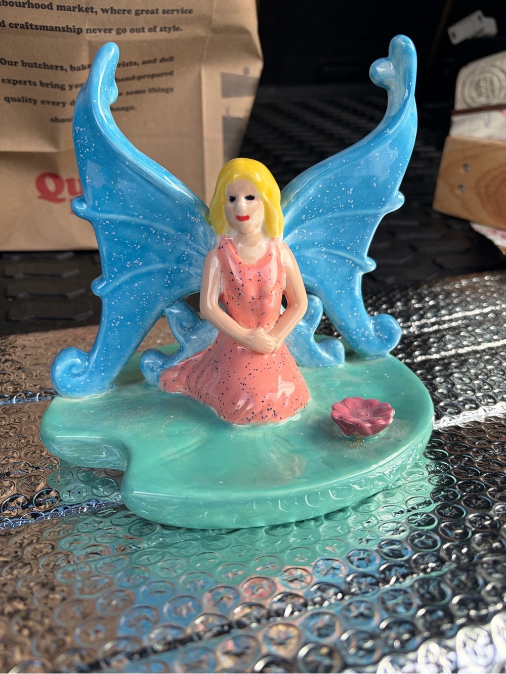 Blue Winged Fairy Figurine with Pink Dress